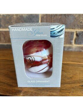 ZORZA Hand Blown Glass Ball Christmas Ornament Iridescent Red White 4” in Box